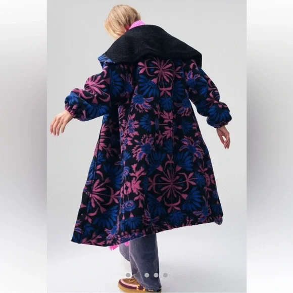 Free People This Love Black and Pink Floral Sherpa lined Coat - Picture 4 of 16